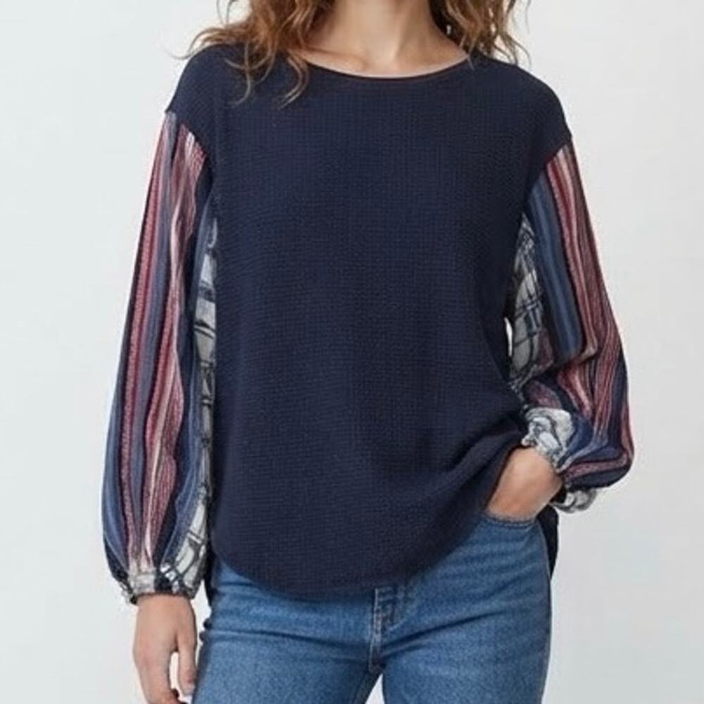 Fabrik Navy Blue Waffle Knit Mixed Media Plaid Striped Bishop Sleeve Top Size M